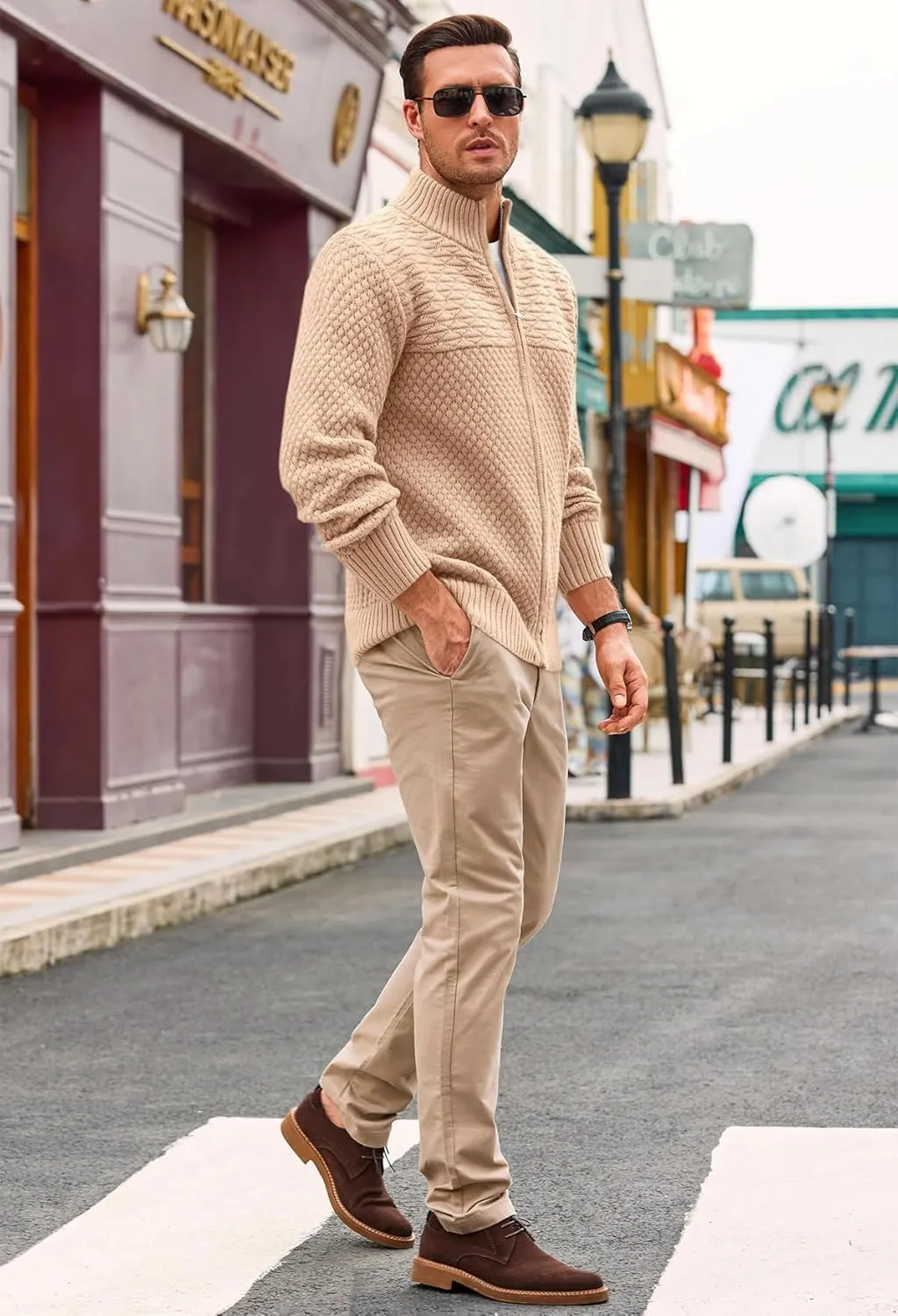 Runcati Mens Zip Up Cardigan Sweater Casual Stand Collar Textured Knit Ribbed Chunky Sweaters