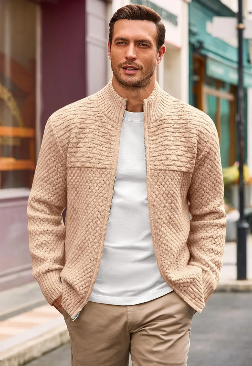 Runcati Mens Zip Up Cardigan Sweater Casual Stand Collar Textured Knit Ribbed Chunky Sweaters