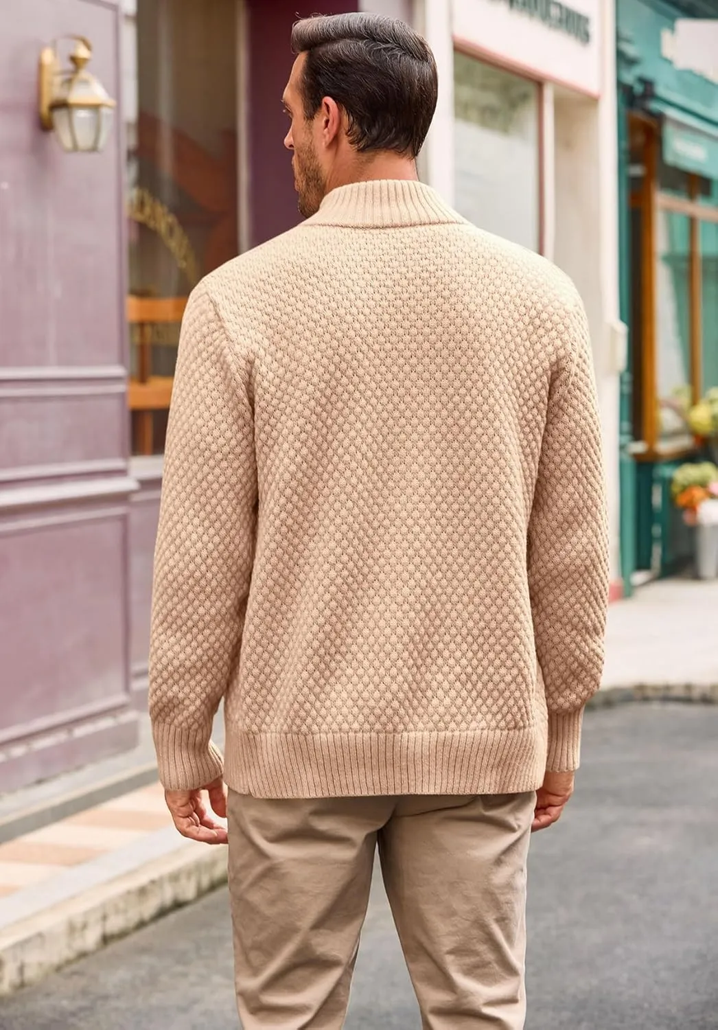 Runcati Mens Zip Up Cardigan Sweater Casual Stand Collar Textured Knit Ribbed Chunky Sweaters