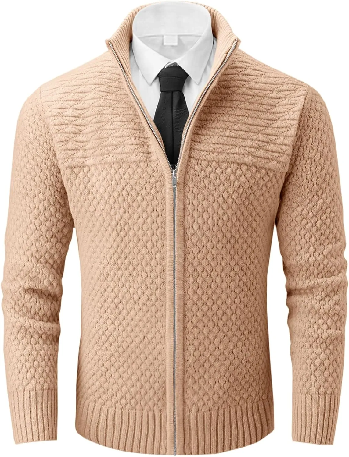 Runcati Mens Zip Up Cardigan Sweater Casual Stand Collar Textured Knit Ribbed Chunky Sweaters