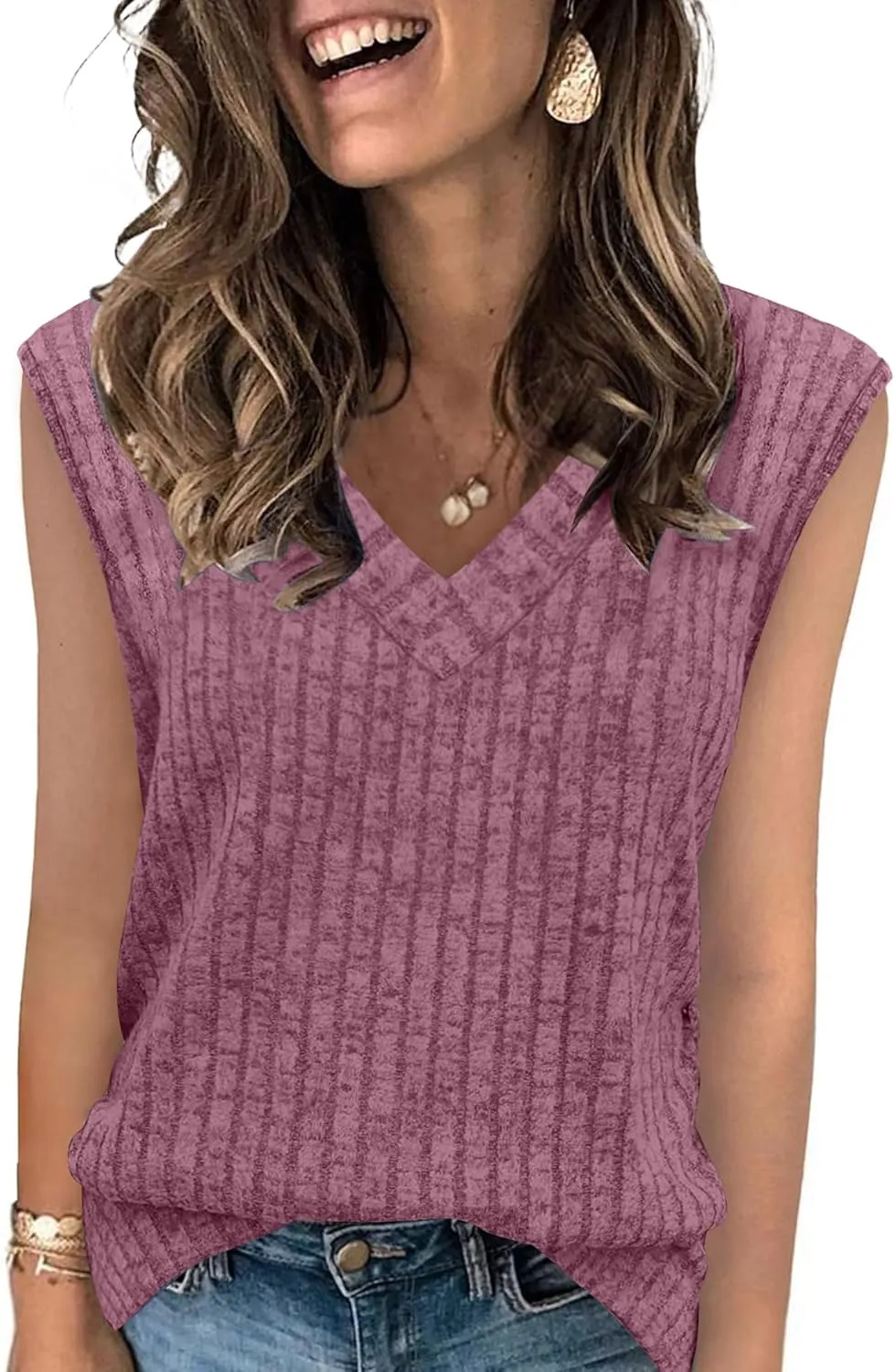 SAMPEEL Womens V Neck Sleeveless Sweater Tank Top Spring Casual Sweater Vest Summer Outifts 2025