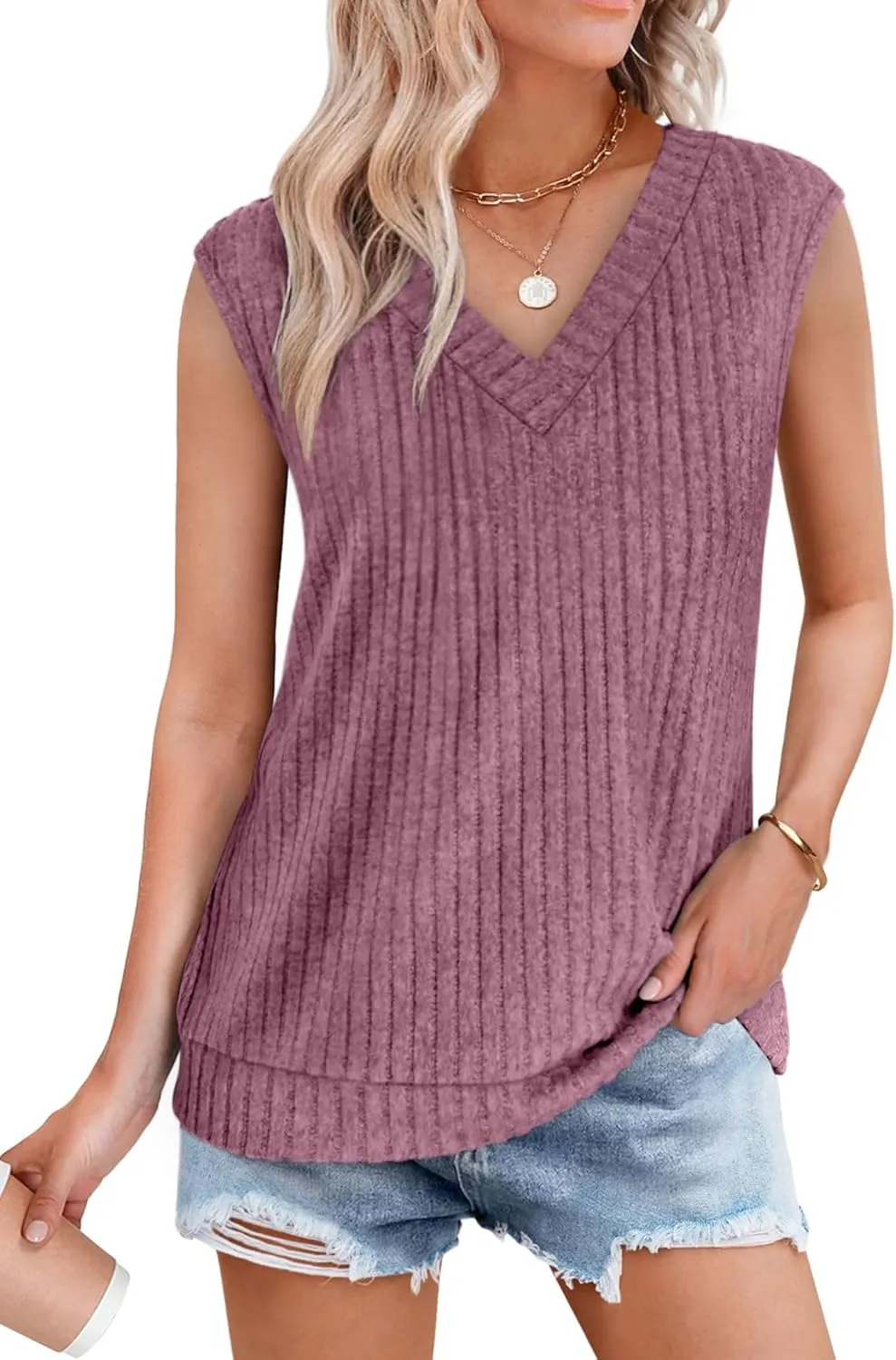 SAMPEEL Womens V Neck Sleeveless Sweater Tank Top Spring Casual Sweater Vest Summer Outifts 2025