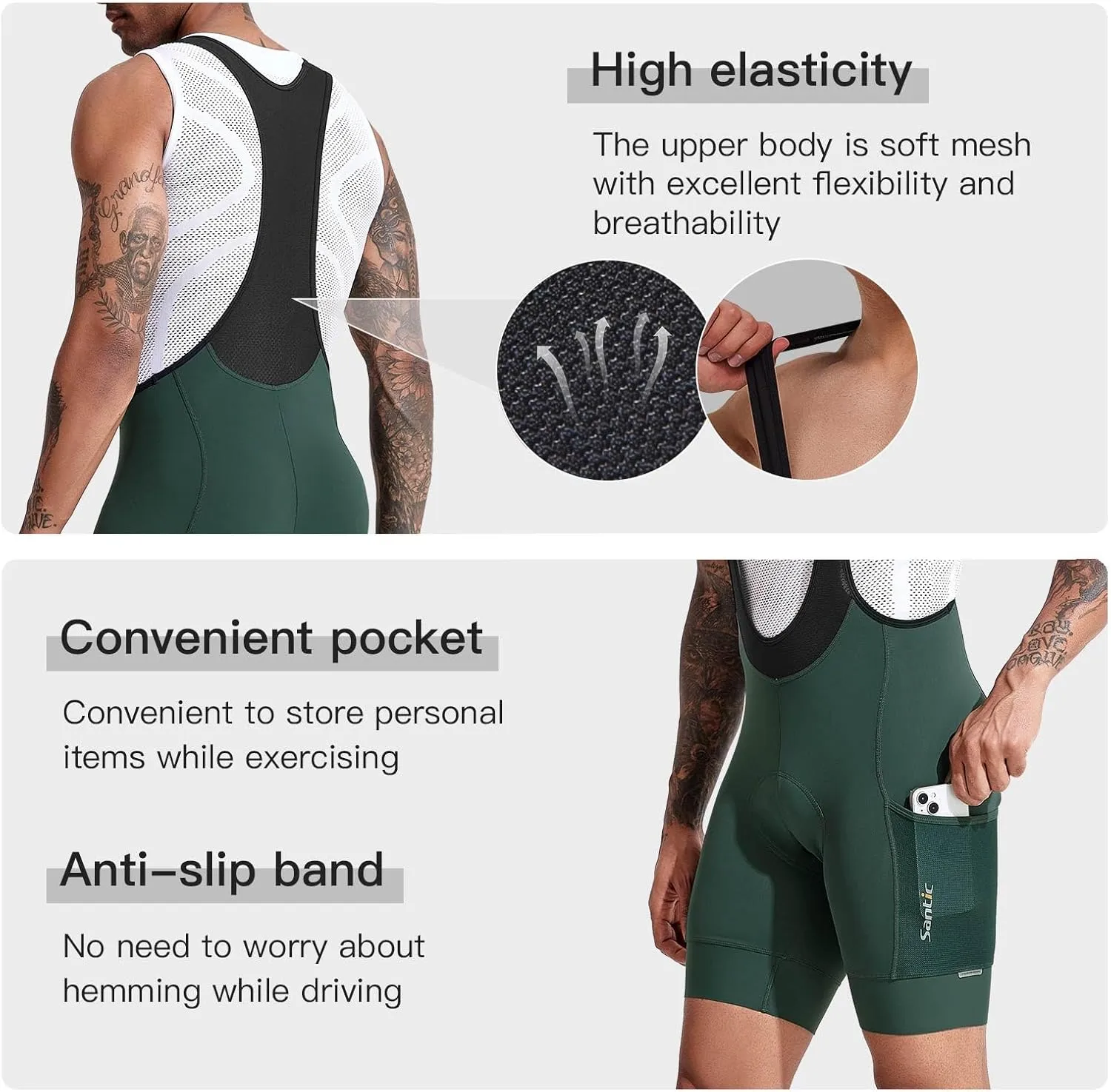 Santic Men's Cycling Bibs Shorts Cycle Wear Tights 4D Padded Road Bike Bicycle Shorts with Pocket