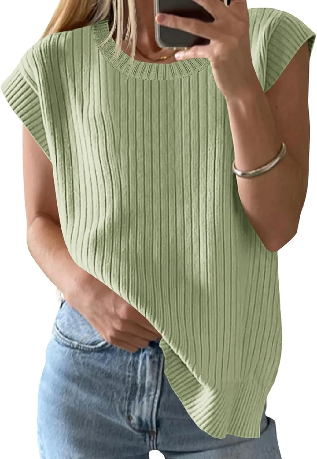 Saodimallsu Womens Crew Neck Sweater Vest Summer Oversized Ribbed Knit Sleeveless Casual Loose Fit Pullover Tank Top