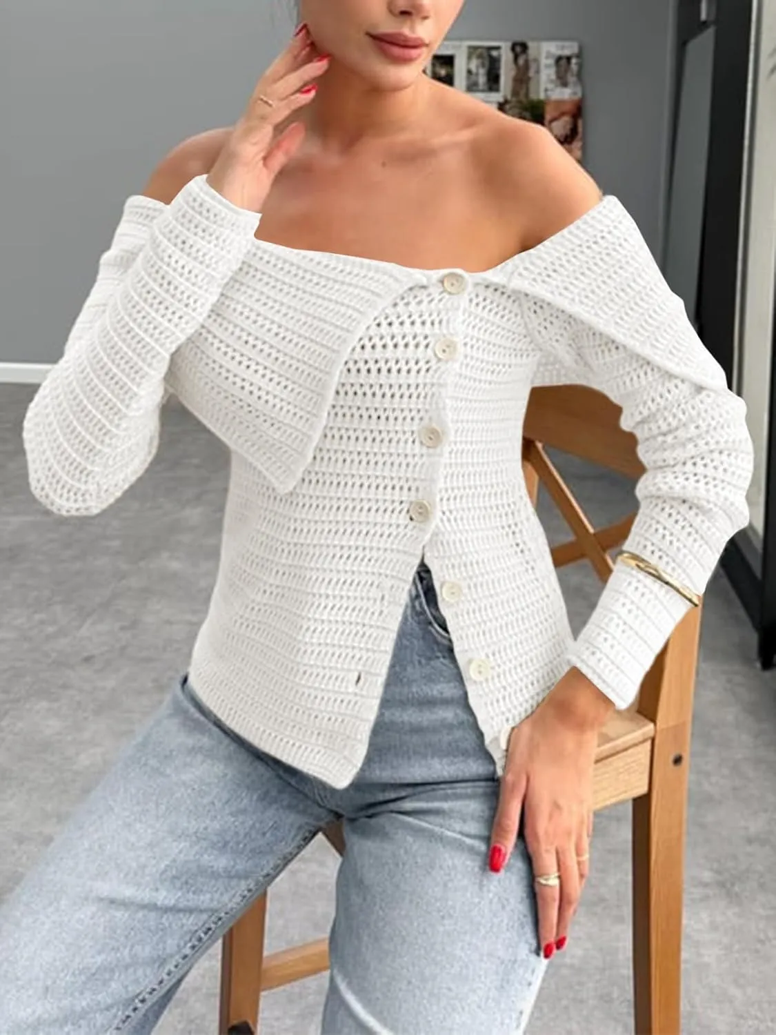 Saodimallsu Womens Off The Shoulder Sweater Long Sleeve Y2k Button Trendy Knitted Asymmetric Crop Tops