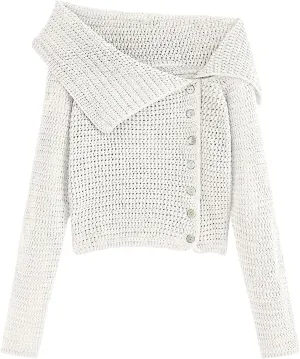 Saodimallsu Womens Off The Shoulder Sweater Long Sleeve Y2k Button Trendy Knitted Asymmetric Crop Tops