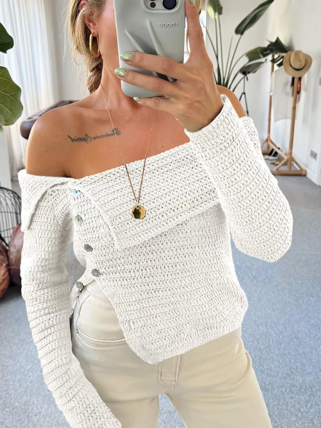 Saodimallsu Womens Off The Shoulder Sweater Long Sleeve Y2k Button Trendy Knitted Asymmetric Crop Tops