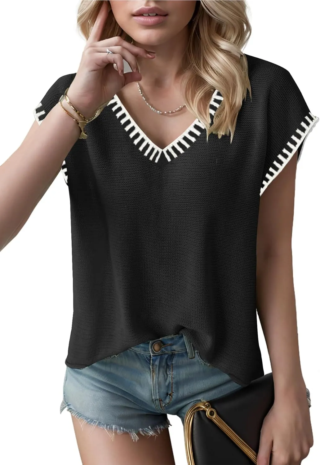 SAUKOLE Women's Sleeveless Sweater Vest Casual V Neck Cap Sleeve Knit Pullover Tank Tops 2025 Spring Clothes