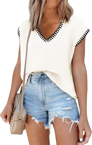 SAUKOLE Women's Sleeveless Sweater Vest Casual V Neck Cap Sleeve Knit Pullover Tank Tops 2025 Spring Clothes