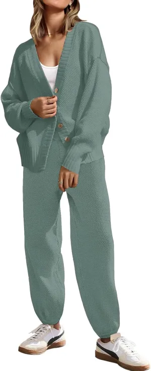 SAUKOLE Womens Two Piece Outfits Knit Sweater Sets Oversized Button Down Cardigan and Long Pants Matching Lounge Set