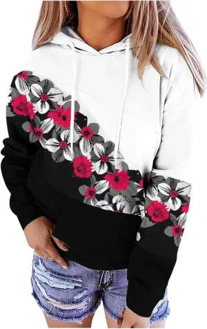 SHAOBGE Sweatshirts Baggy Women's Patchwork Floral Printed Sweatshirts Hoodie Casual Long Sleeve Women Hooded Sweatshirt