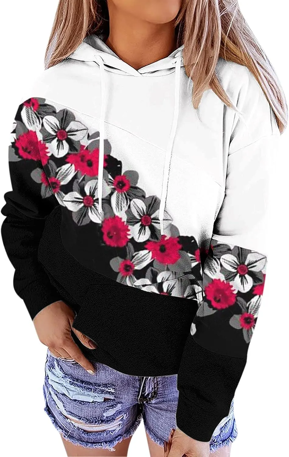 SHAOBGE Sweatshirts Baggy Women's Patchwork Floral Printed Sweatshirts Hoodie Casual Long Sleeve Women Hooded Sweatshirt