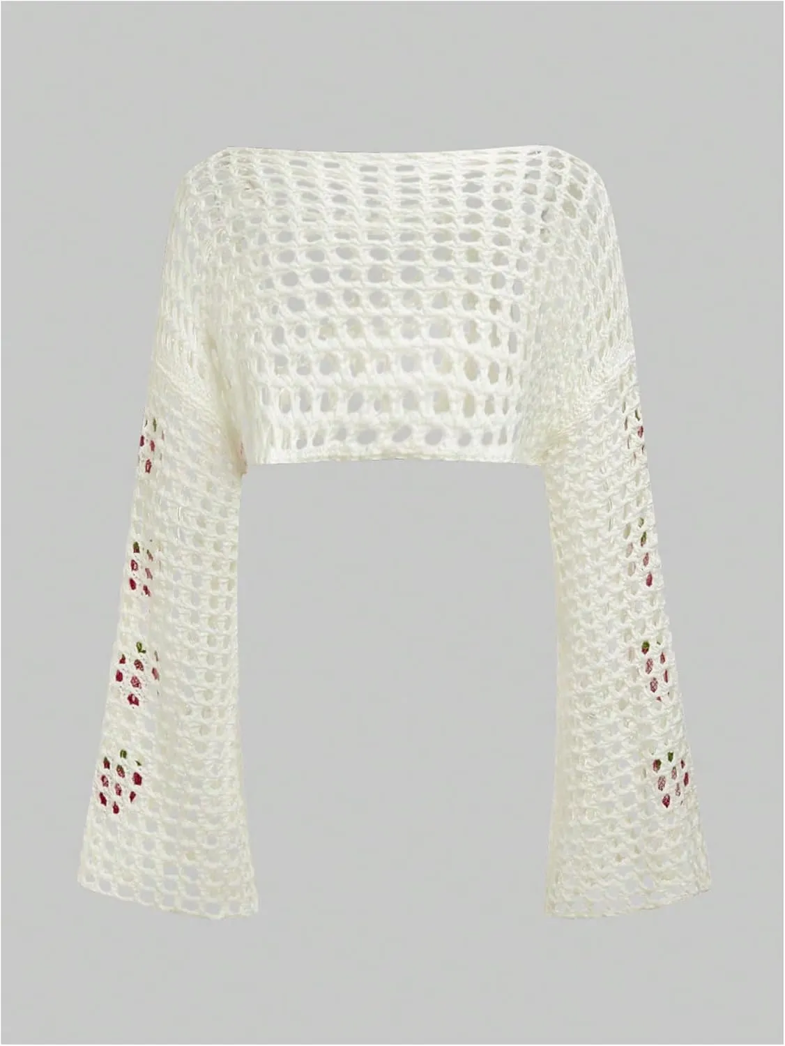 SHENHE Women's Crochet Hollow Out Y2k Long Sleeve Cropped Knit Sweater Top