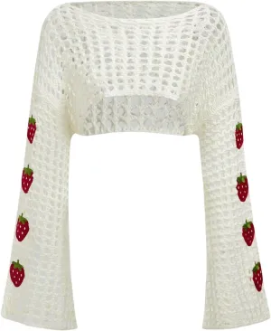 SHENHE Women's Crochet Hollow Out Y2k Long Sleeve Cropped Knit Sweater Top