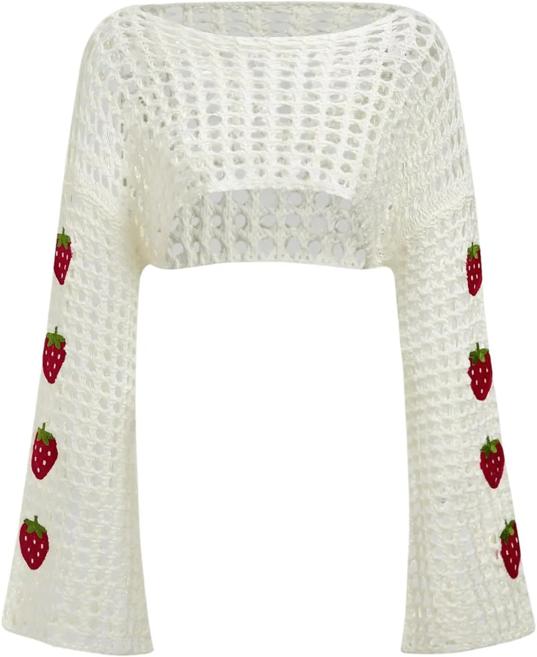 SHENHE Women's Crochet Hollow Out Y2k Long Sleeve Cropped Knit Sweater Top