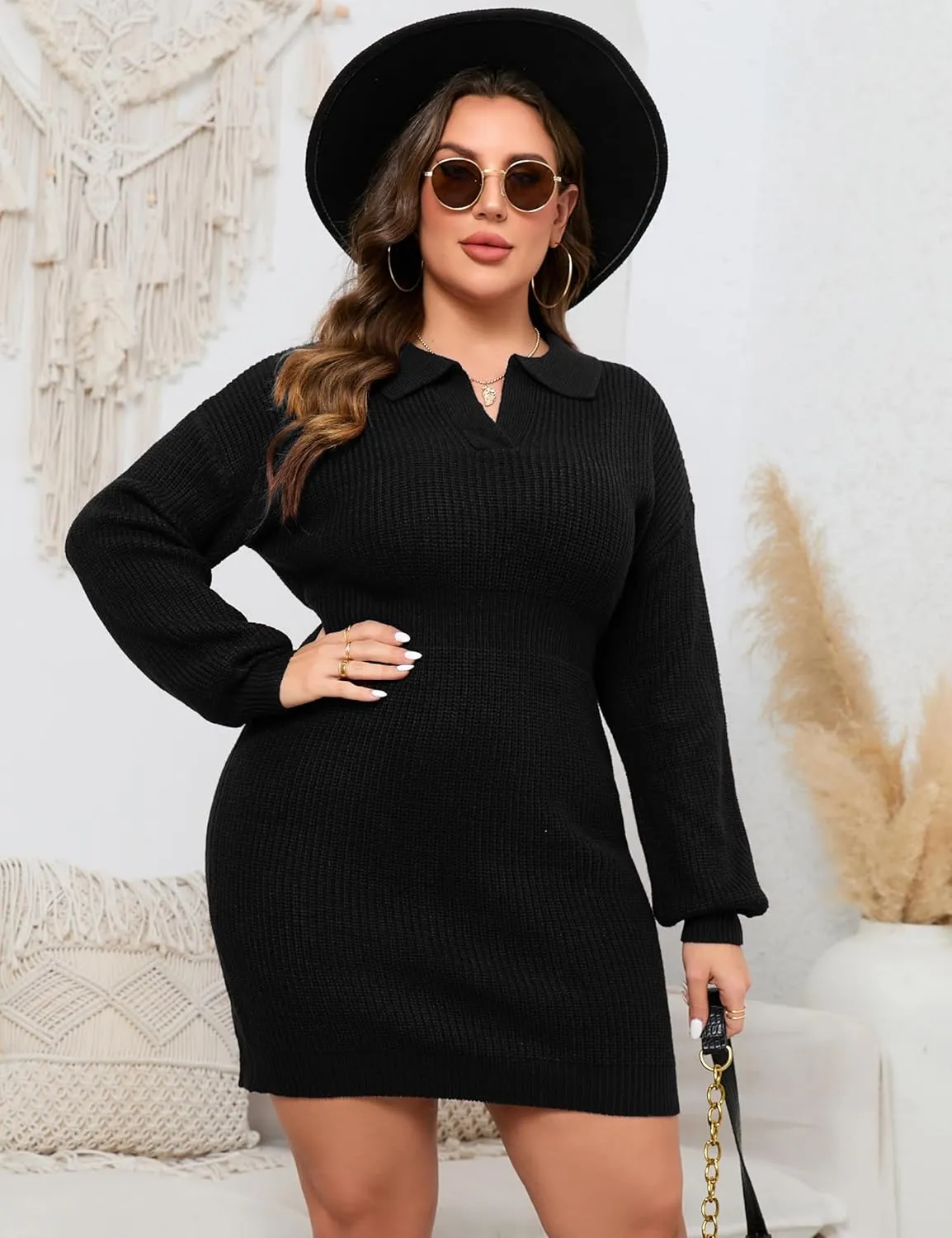 ShopWonder Women Plus Size V-neck Long Sleeve Knit Stretchable Elasticity Slim Sweater Bodycon Midi Pullover Sweater Dress
