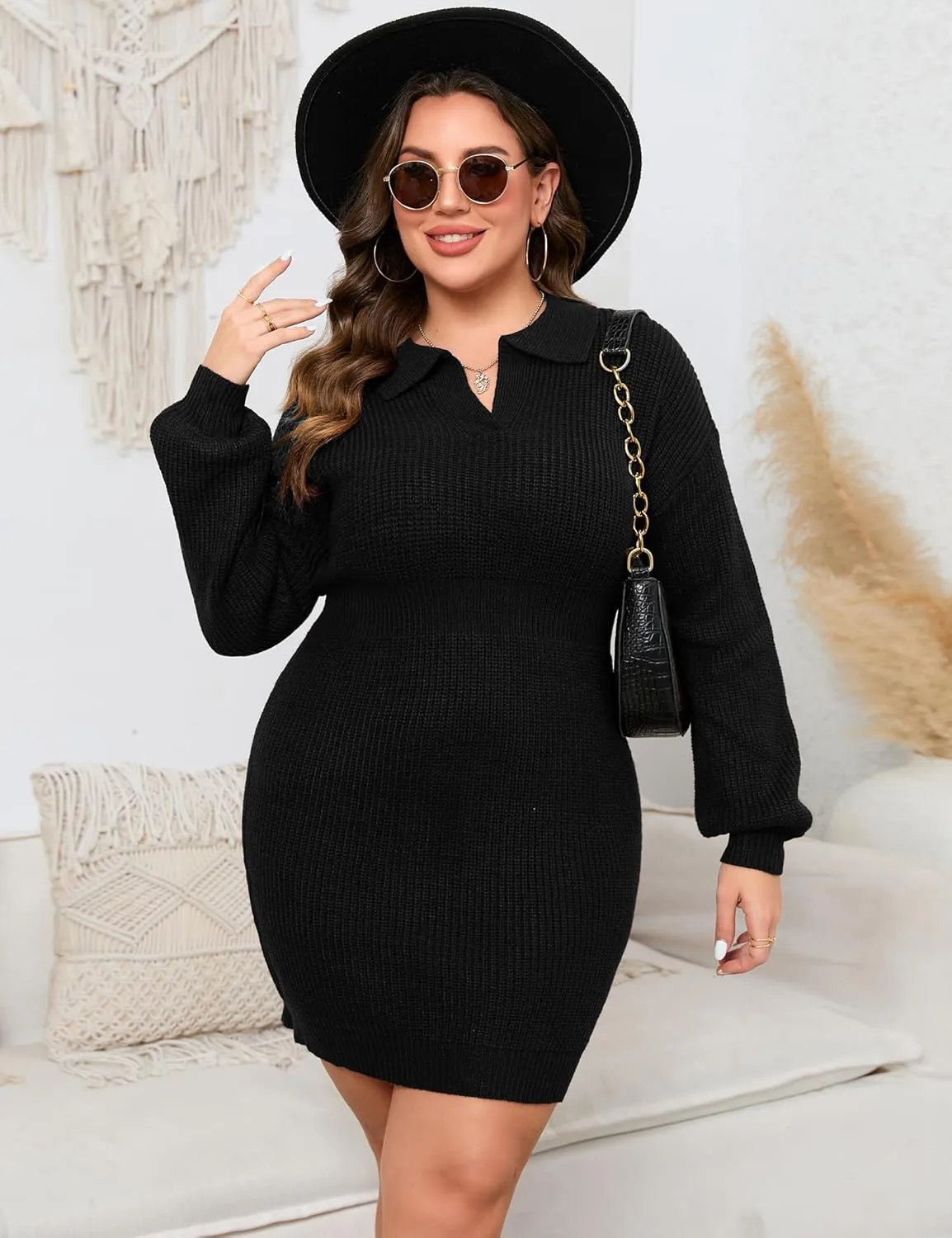 ShopWonder Women Plus Size V-neck Long Sleeve Knit Stretchable Elasticity Slim Sweater Bodycon Midi Pullover Sweater Dress