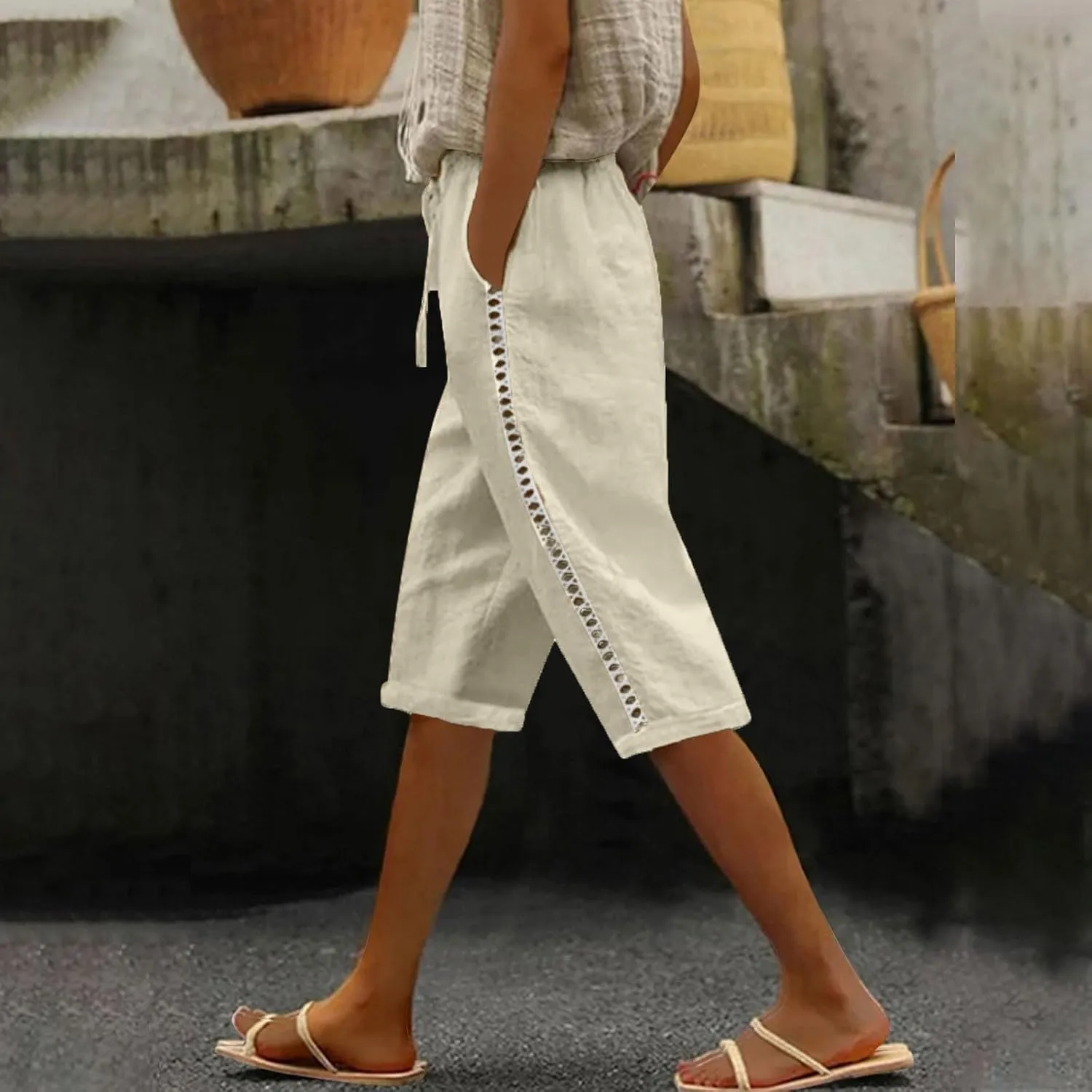 Shorts for Women Fashion Drawstring Elastic High Waisted Side Hollow Out Knee Length Solid Short with Pockets