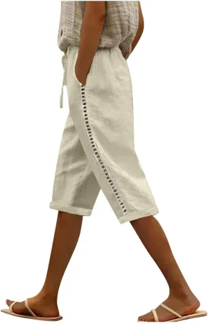 Shorts for Women Fashion Drawstring Elastic High Waisted Side Hollow Out Knee Length Solid Short with Pockets