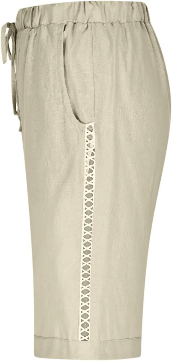 Shorts for Women Fashion Drawstring Elastic High Waisted Side Hollow Out Knee Length Solid Short with Pockets