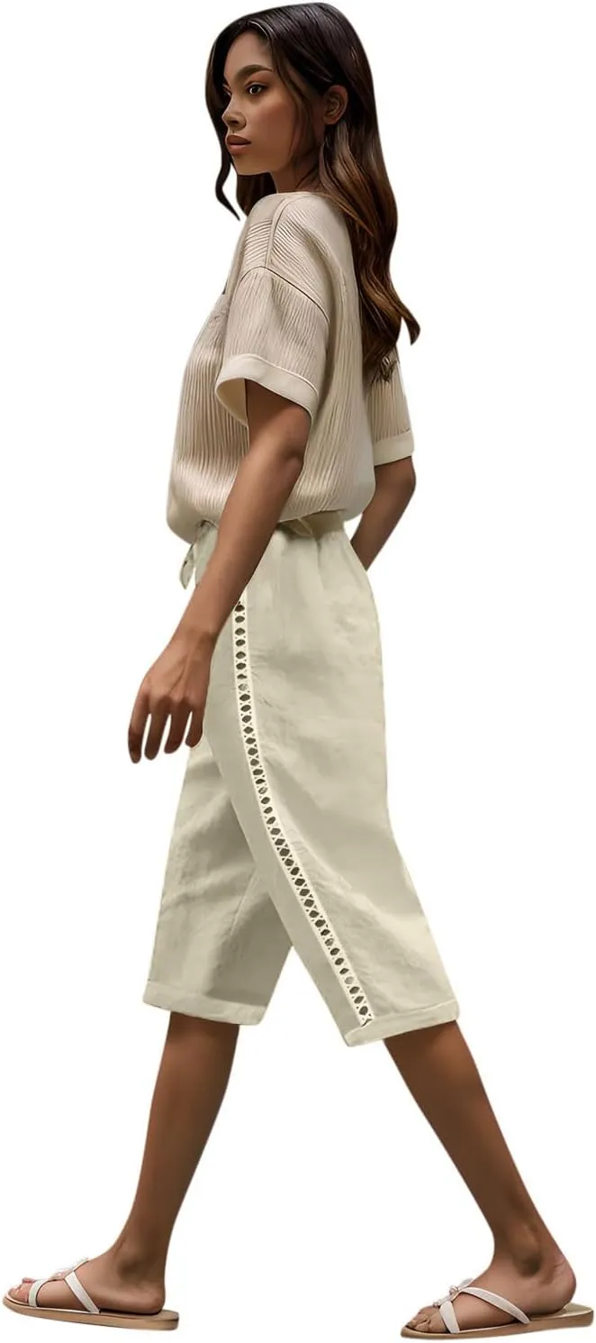 Shorts for Women Fashion Drawstring Elastic High Waisted Side Hollow Out Knee Length Solid Short with Pockets