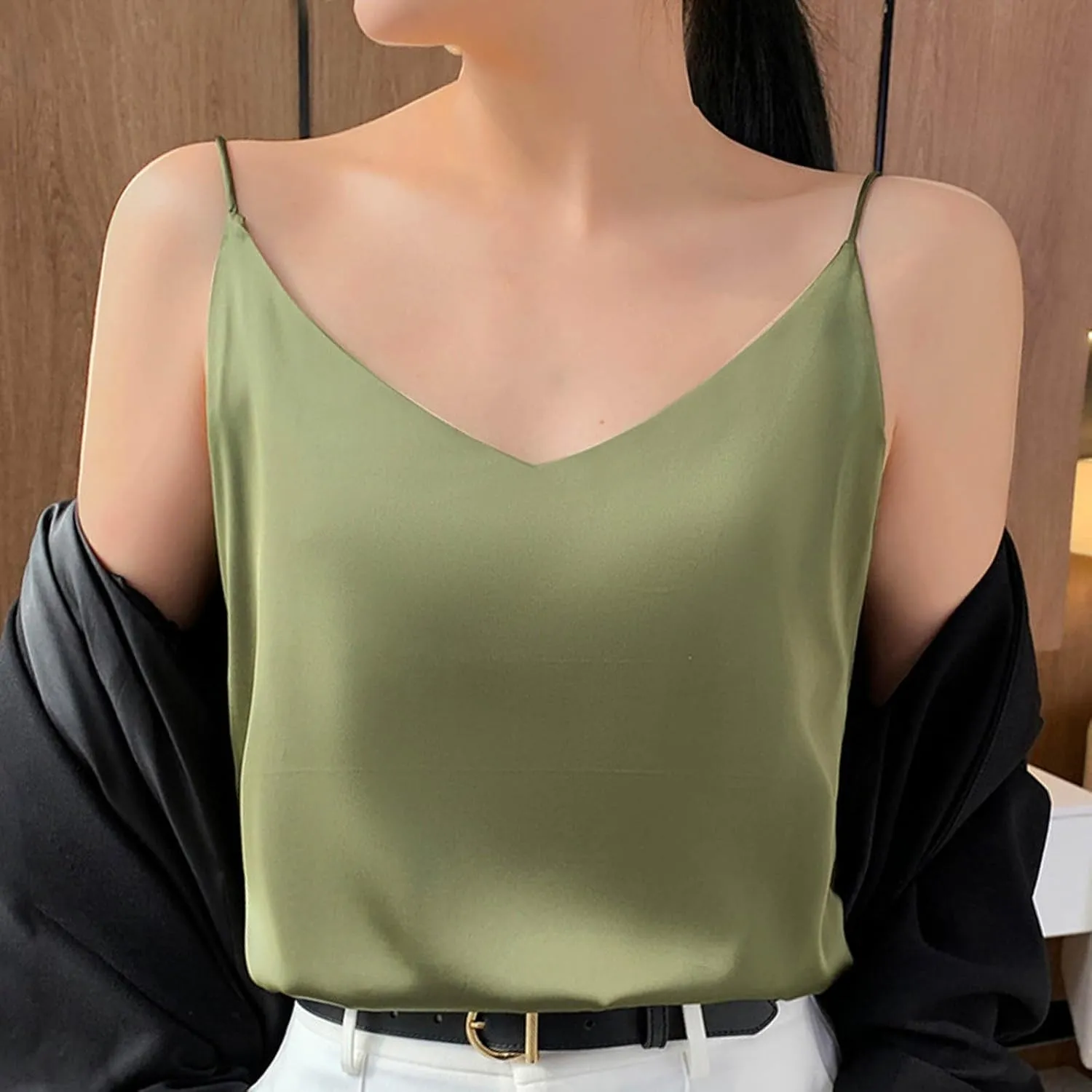 Silk Satin Tank Tops for Women V Neck Camisole Sleeveless Cami Tops Spaghetti Strap Dressy Casual Blouses Basic Tee