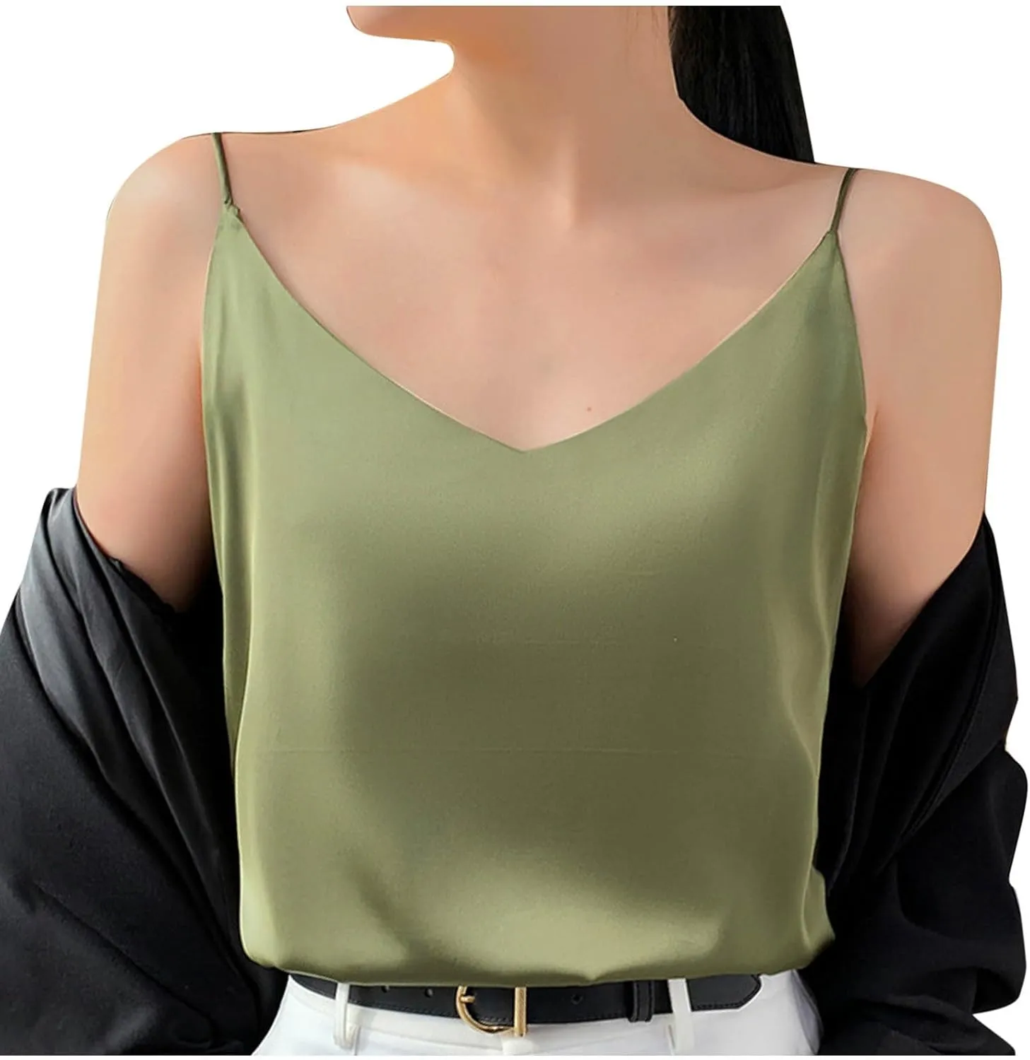 Silk Satin Tank Tops for Women V Neck Camisole Sleeveless Cami Tops Spaghetti Strap Dressy Casual Blouses Basic Tee