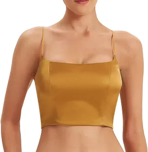 SilRiver Women's Spaghetti Strap Silk Tank Top Padded Workout Going Summer Crop