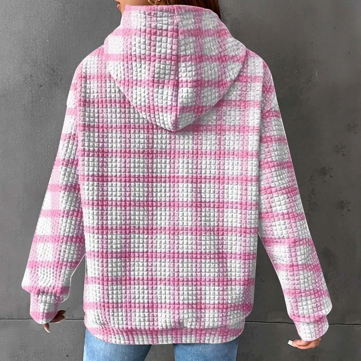 SMIDOW Pliad Waffle Knit Hoodies For Women Fall Fashion 2023 Oversized Drawstring Pullovers Casual Gingham Hooded Sweatshirts