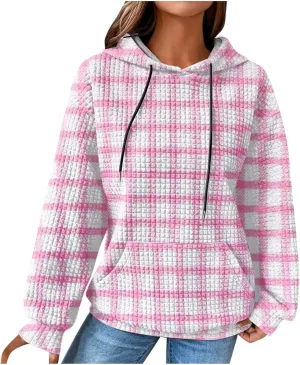 SMIDOW Pliad Waffle Knit Hoodies For Women Fall Fashion 2023 Oversized Drawstring Pullovers Casual Gingham Hooded Sweatshirts