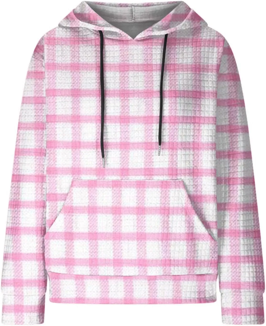 SMIDOW Pliad Waffle Knit Hoodies For Women Fall Fashion 2023 Oversized Drawstring Pullovers Casual Gingham Hooded Sweatshirts