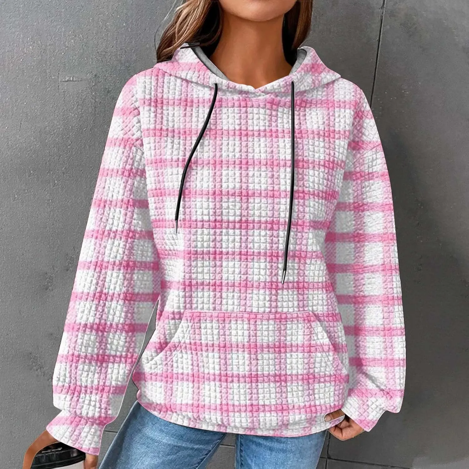 SMIDOW Pliad Waffle Knit Hoodies For Women Fall Fashion 2023 Oversized Drawstring Pullovers Casual Gingham Hooded Sweatshirts