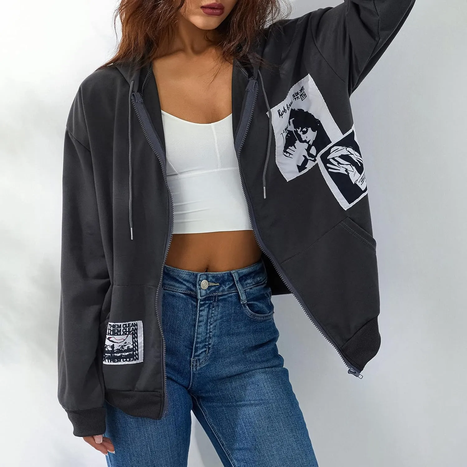 SOLILOQUY Women Zip Up Hoodie Y2k Vintage Graphic Oversized Hooded Sweatshirt Jacket Pullover Coats Harajuku Streetwear