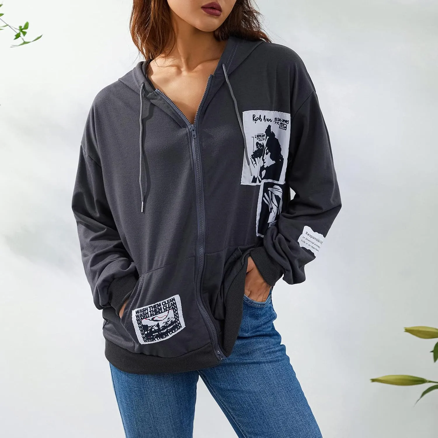SOLILOQUY Women Zip Up Hoodie Y2k Vintage Graphic Oversized Hooded Sweatshirt Jacket Pullover Coats Harajuku Streetwear