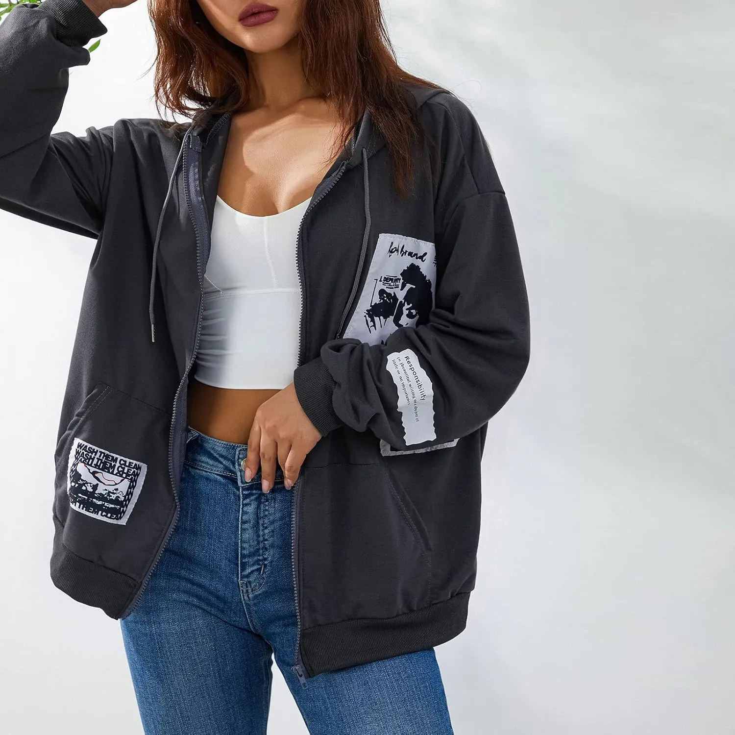 SOLILOQUY Women Zip Up Hoodie Y2k Vintage Graphic Oversized Hooded Sweatshirt Jacket Pullover Coats Harajuku Streetwear