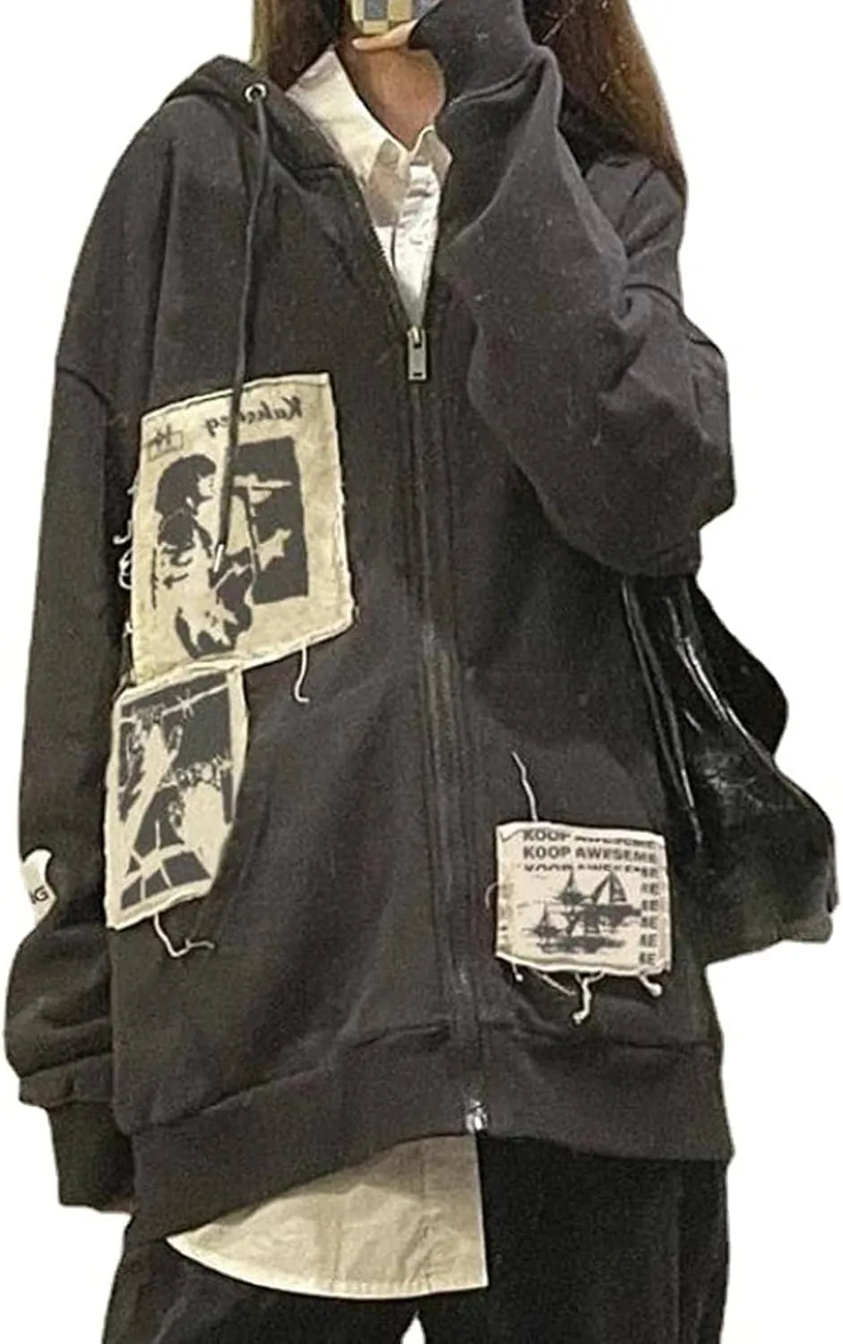 SOLILOQUY Women Zip Up Hoodie Y2k Vintage Graphic Oversized Hooded Sweatshirt Jacket Pullover Coats Harajuku Streetwear