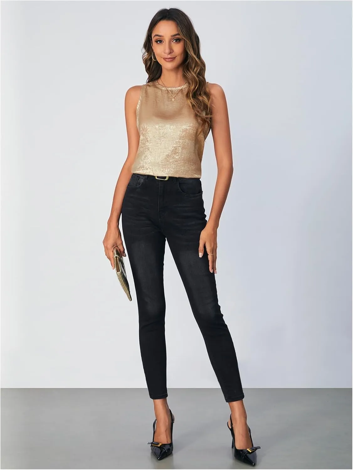 SOLY HUX Women's Metallic Tank Top Round Neck Sleeveless Casual Summer Tops