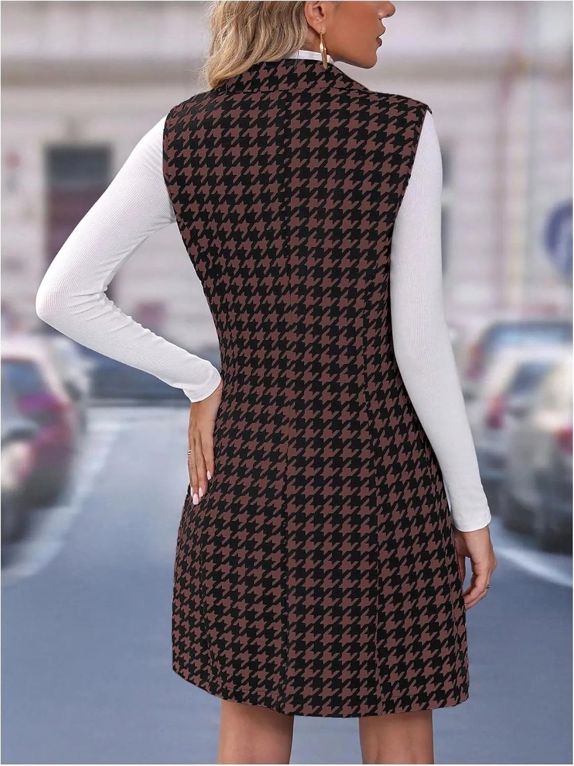 SOLY HUX Women's Plaid Houndstooth Print Blazer Long Vest Top Sleeveless Cardigan Jacket