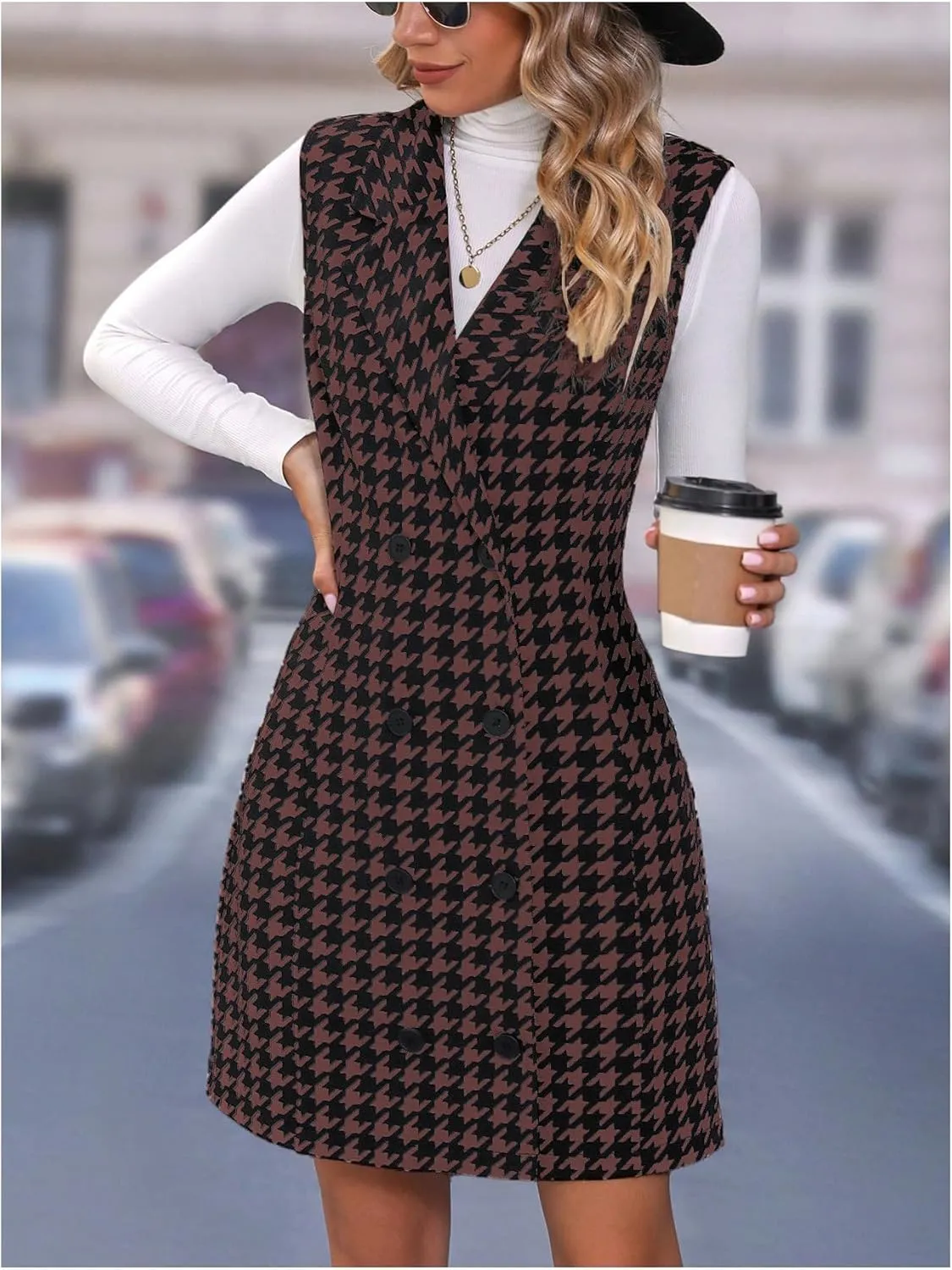 SOLY HUX Women's Plaid Houndstooth Print Blazer Long Vest Top Sleeveless Cardigan Jacket