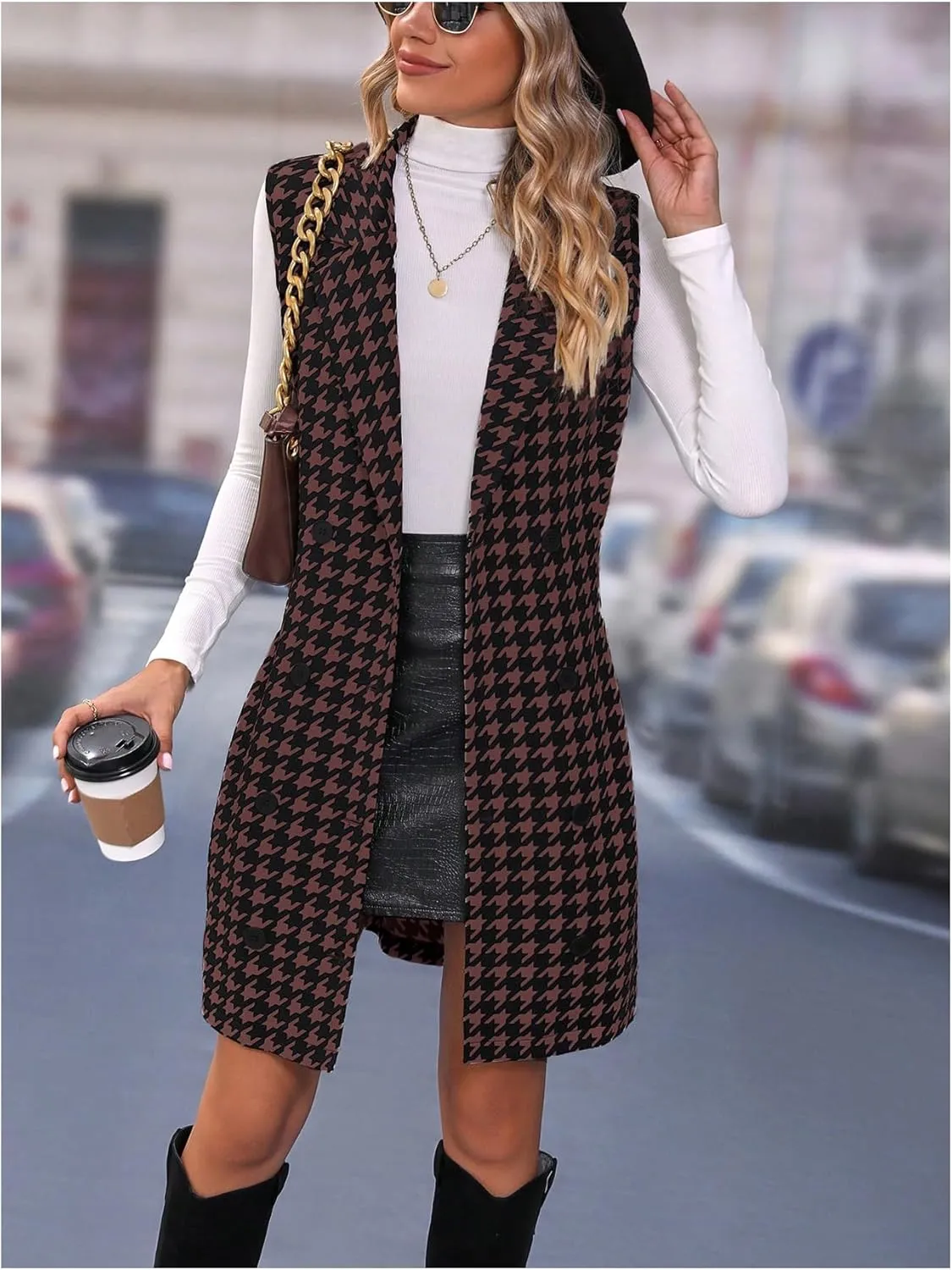 SOLY HUX Women's Plaid Houndstooth Print Blazer Long Vest Top Sleeveless Cardigan Jacket
