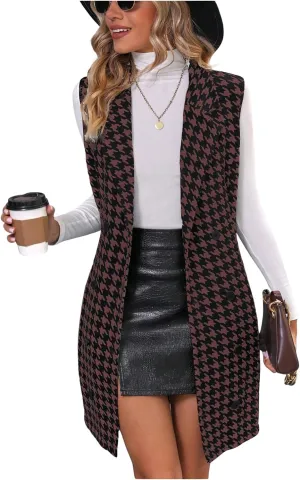 SOLY HUX Women's Plaid Houndstooth Print Blazer Long Vest Top Sleeveless Cardigan Jacket