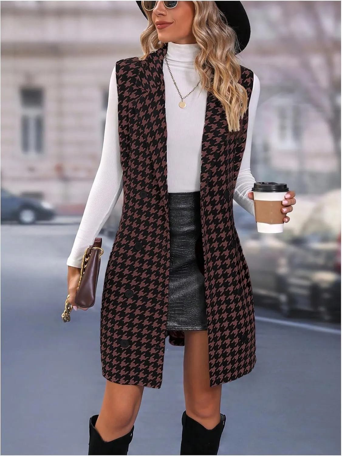 SOLY HUX Women's Plaid Houndstooth Print Blazer Long Vest Top Sleeveless Cardigan Jacket