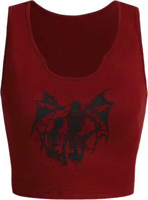 SOLY HUX Women's Skull Print Notched Neck Sleeveless Summer Crop Tank Top