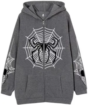 Spider Web Y2K Graphic Zip Up Hoodies Women Oversized Streetshirt E-Girl Long Sleeve Sweatwear Jackets Halloween