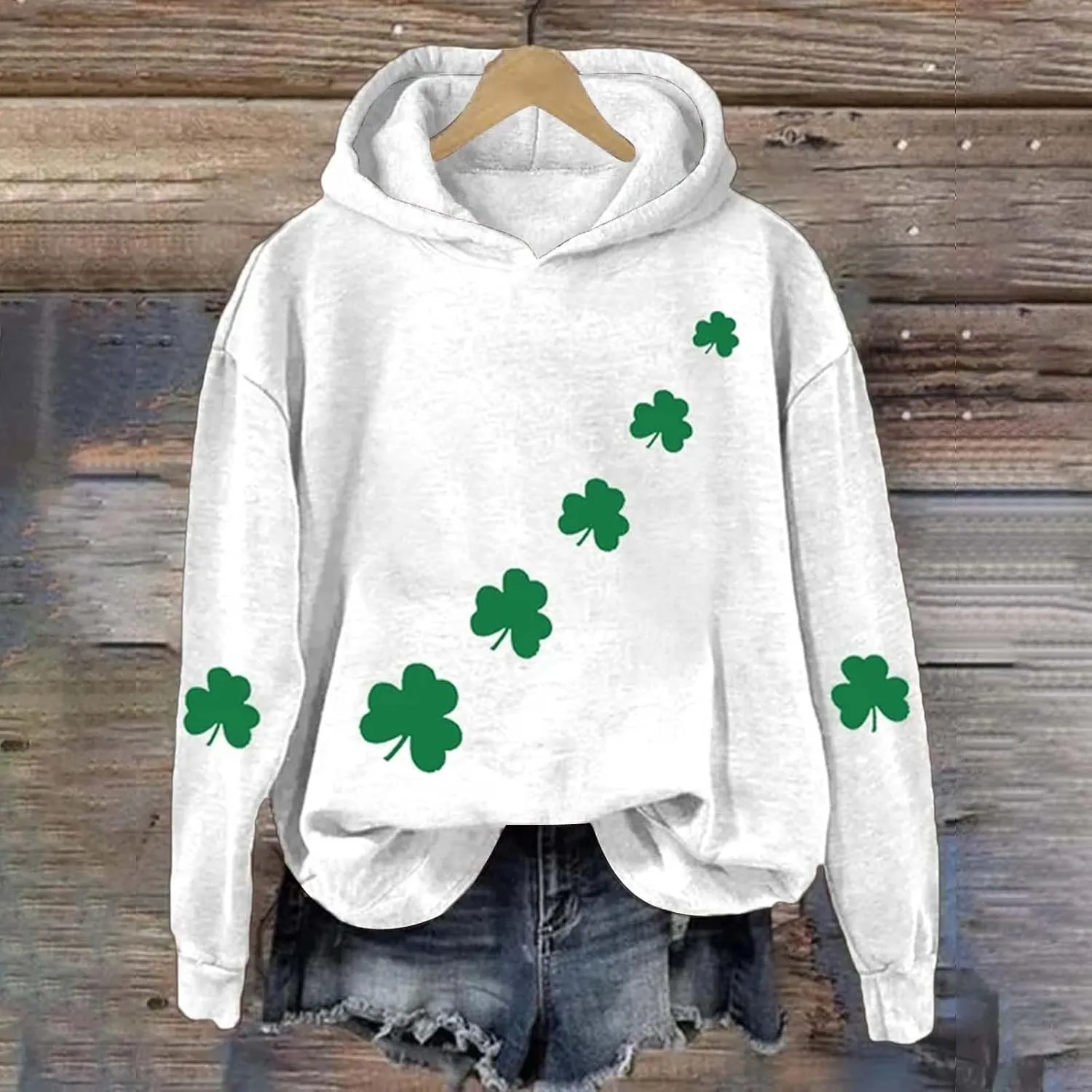 St Patrick's Day Womens Hoodie, Green Irish Shamrock Printed Sweatshirt, Clover Lucky Long Sleeve Oversized Shirts Tops