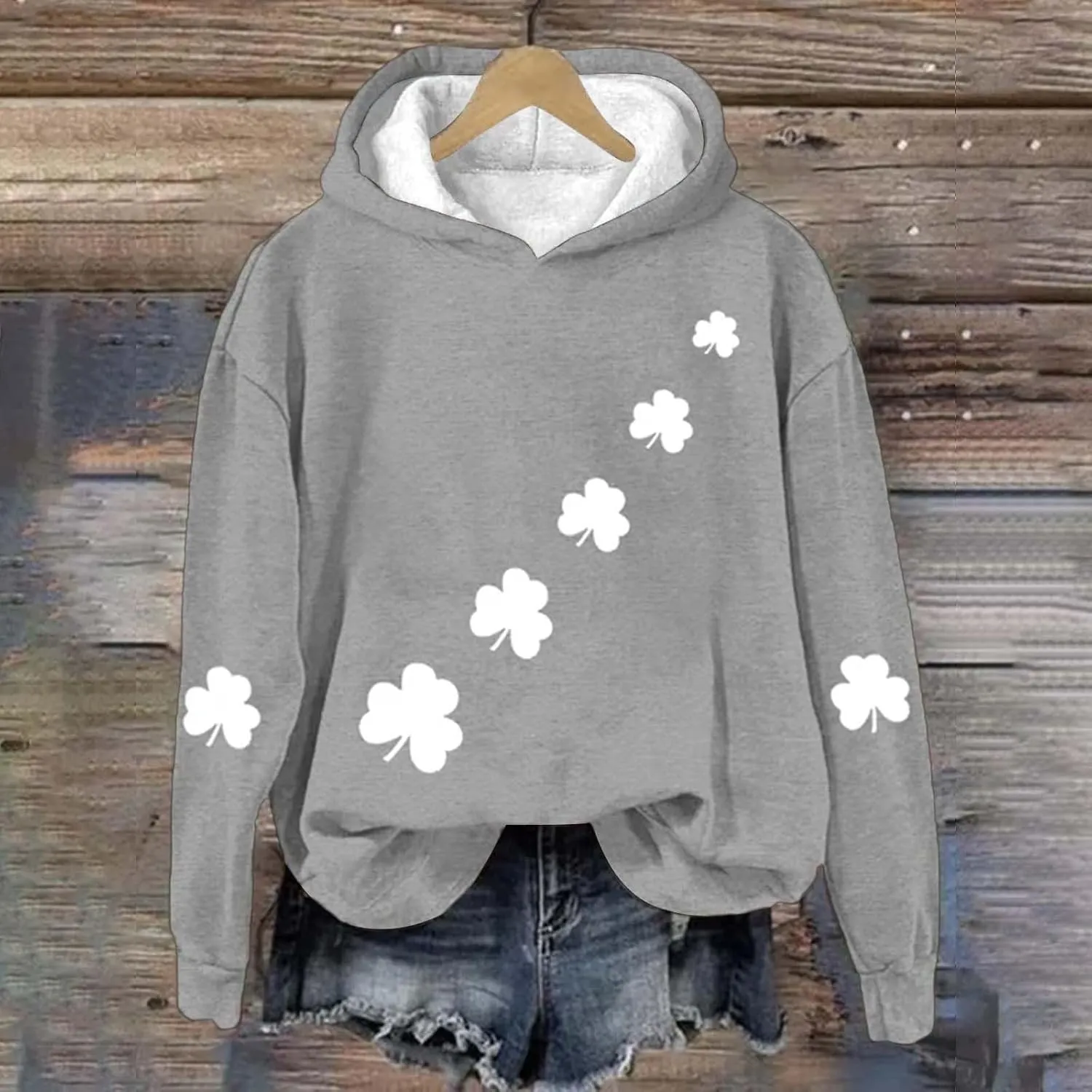 St Patrick's Day Womens Hoodie, Green Irish Shamrock Printed Sweatshirt, Clover Lucky Long Sleeve Oversized Shirts Tops
