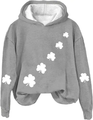 St Patrick's Day Womens Hoodie, Green Irish Shamrock Printed Sweatshirt, Clover Lucky Long Sleeve Oversized Shirts Tops