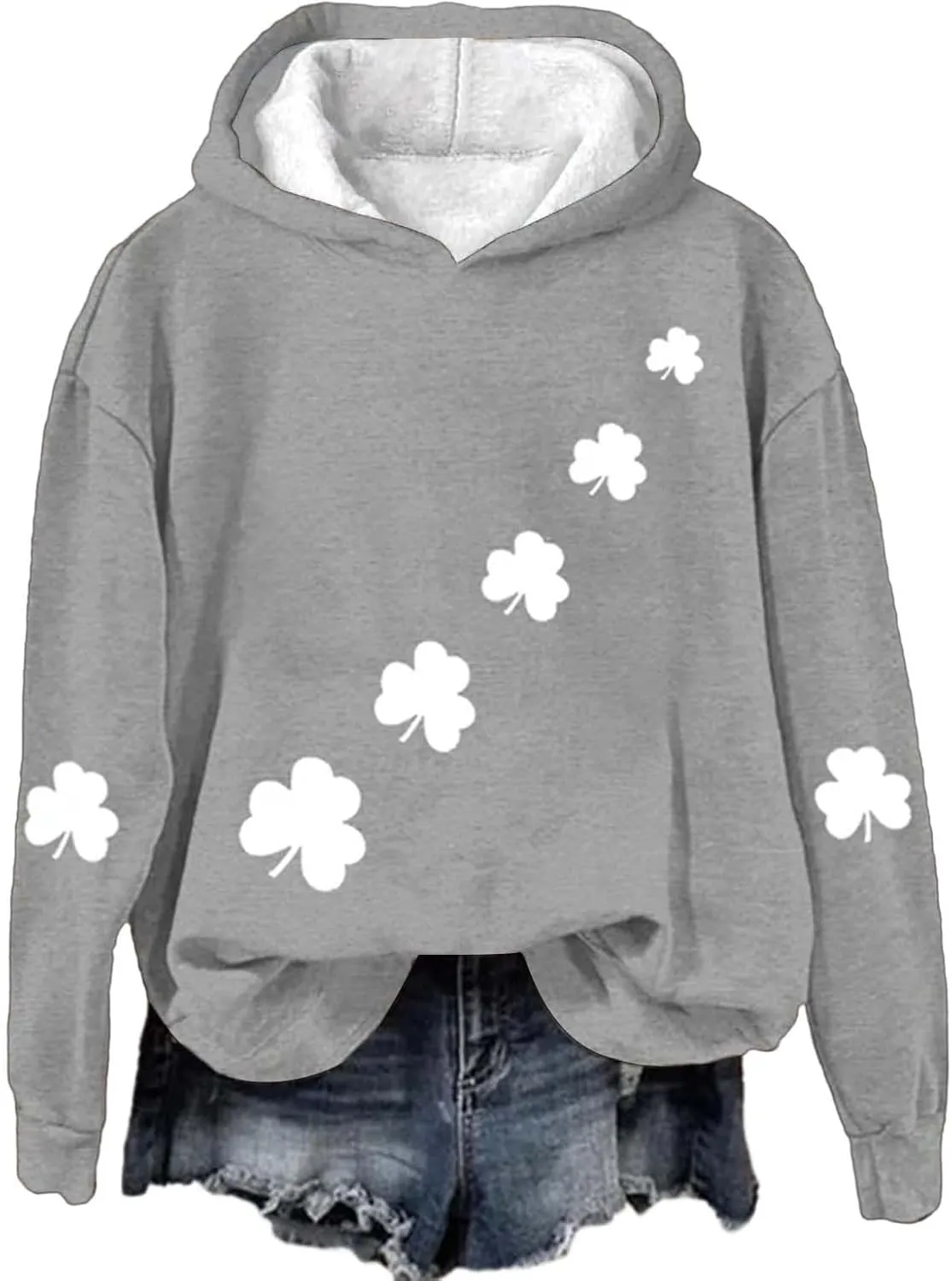 St Patrick's Day Womens Hoodie, Green Irish Shamrock Printed Sweatshirt, Clover Lucky Long Sleeve Oversized Shirts Tops