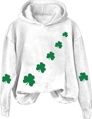 St Patrick's Day Womens Hoodie, Green Irish Shamrock Printed Sweatshirt, Clover Lucky Long Sleeve Oversized Shirts Tops