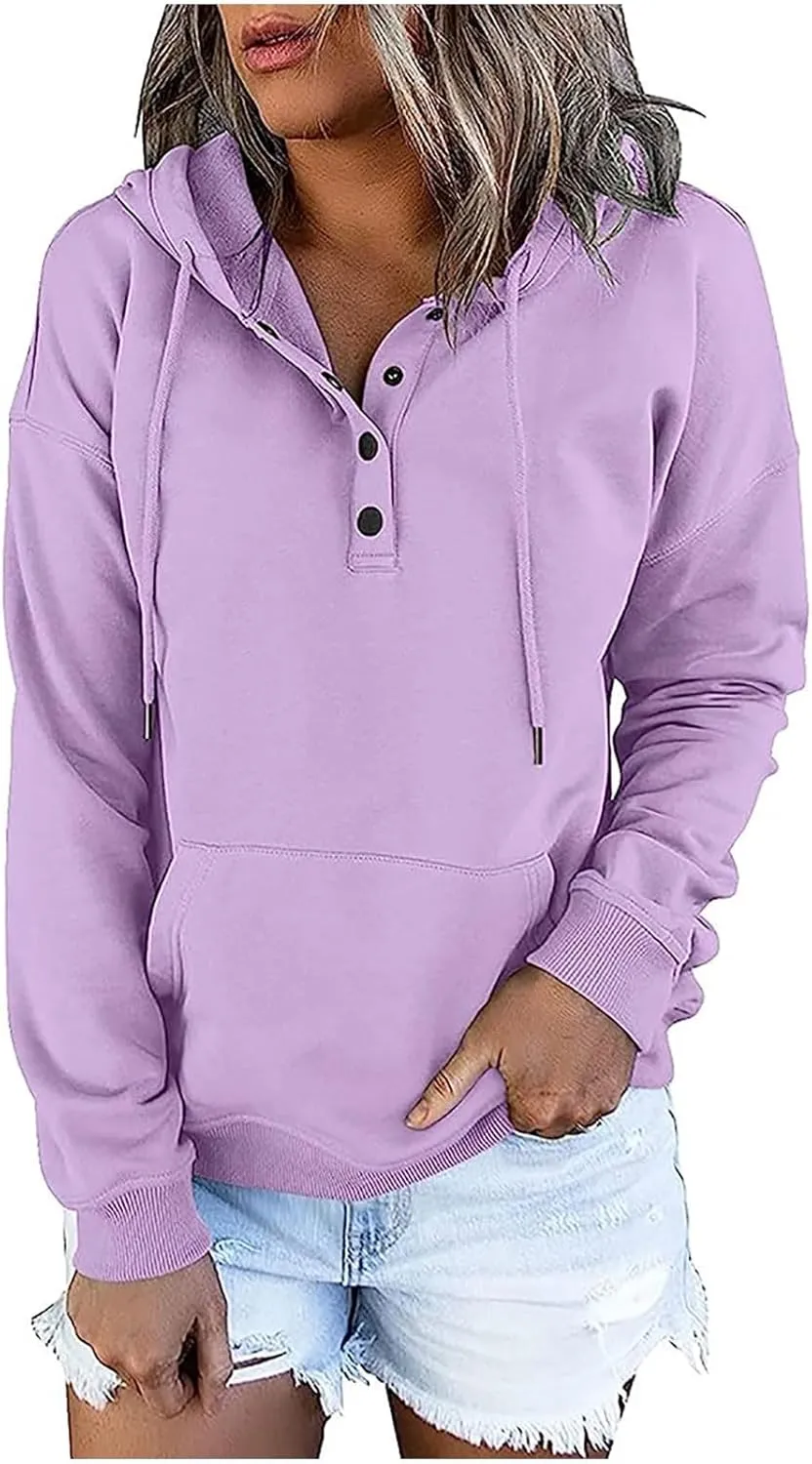 Stessotudo Womens Hoodies Casual Long Sleeve Solid Sweatshirts Buttons Drawstring Athletic Pullover Hooded Tops with Pocket